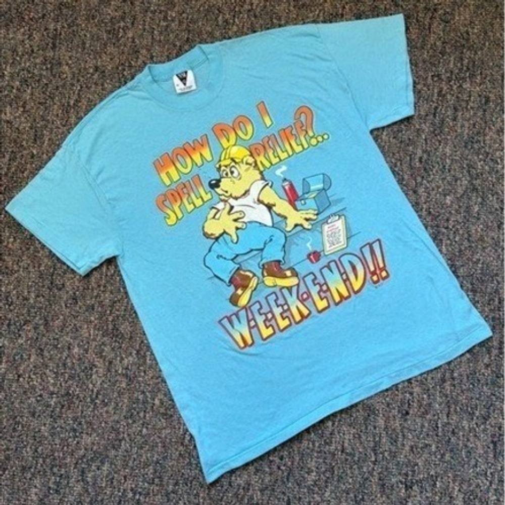 Vintage 80sSSI Mens Graphic‎ Tee How Do I Spell Relief Weekend Bear Cartoon XL